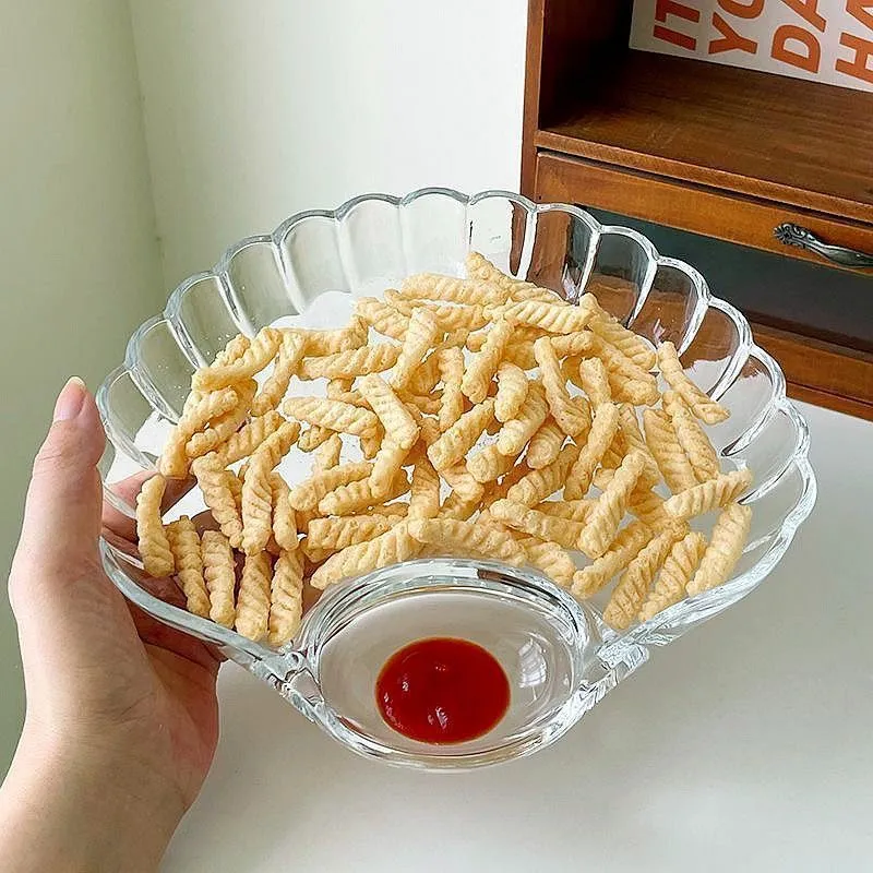 Scalloped Edge 3-Compartment Glass Serving Tray | Shrimp, Dumpling & Fries D